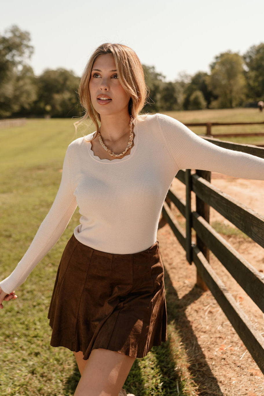 Darra Ribbed Scallop Long Sleeve Top - front view