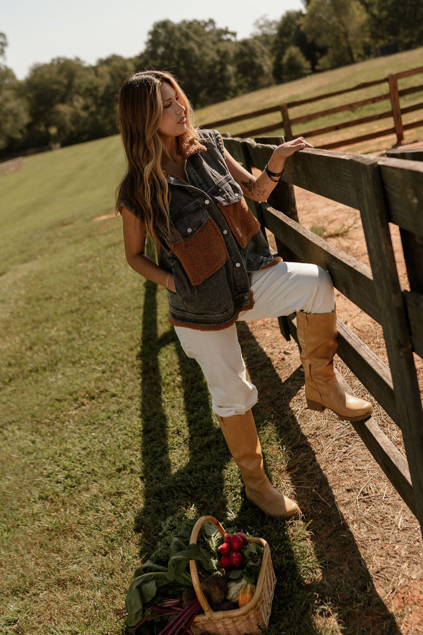 Kiernan Black Denim & Brown Shearling Vest - full body view