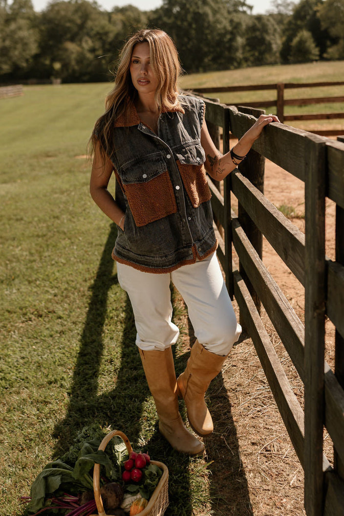 Kiernan Black Denim & Brown Shearling Vest - full body front view