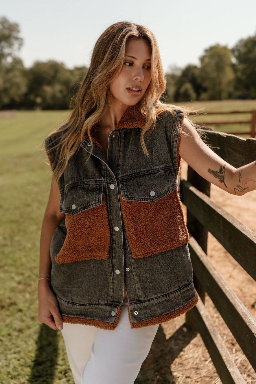 Kiernan Black Denim & Brown Shearling Vest - close front view