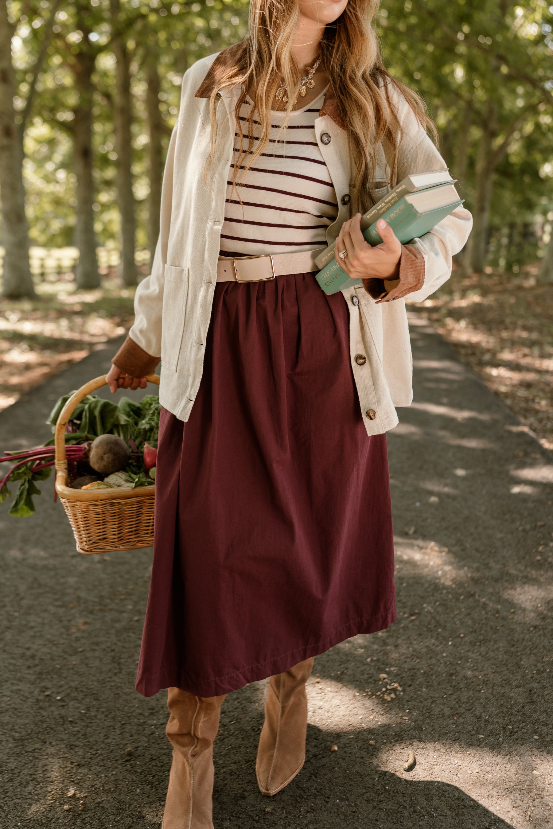 front view of Montana Cream & Wine Striped Midi Dress