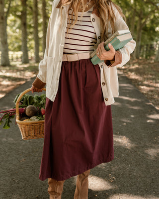 front view of Montana Cream & Wine Striped Midi Dress