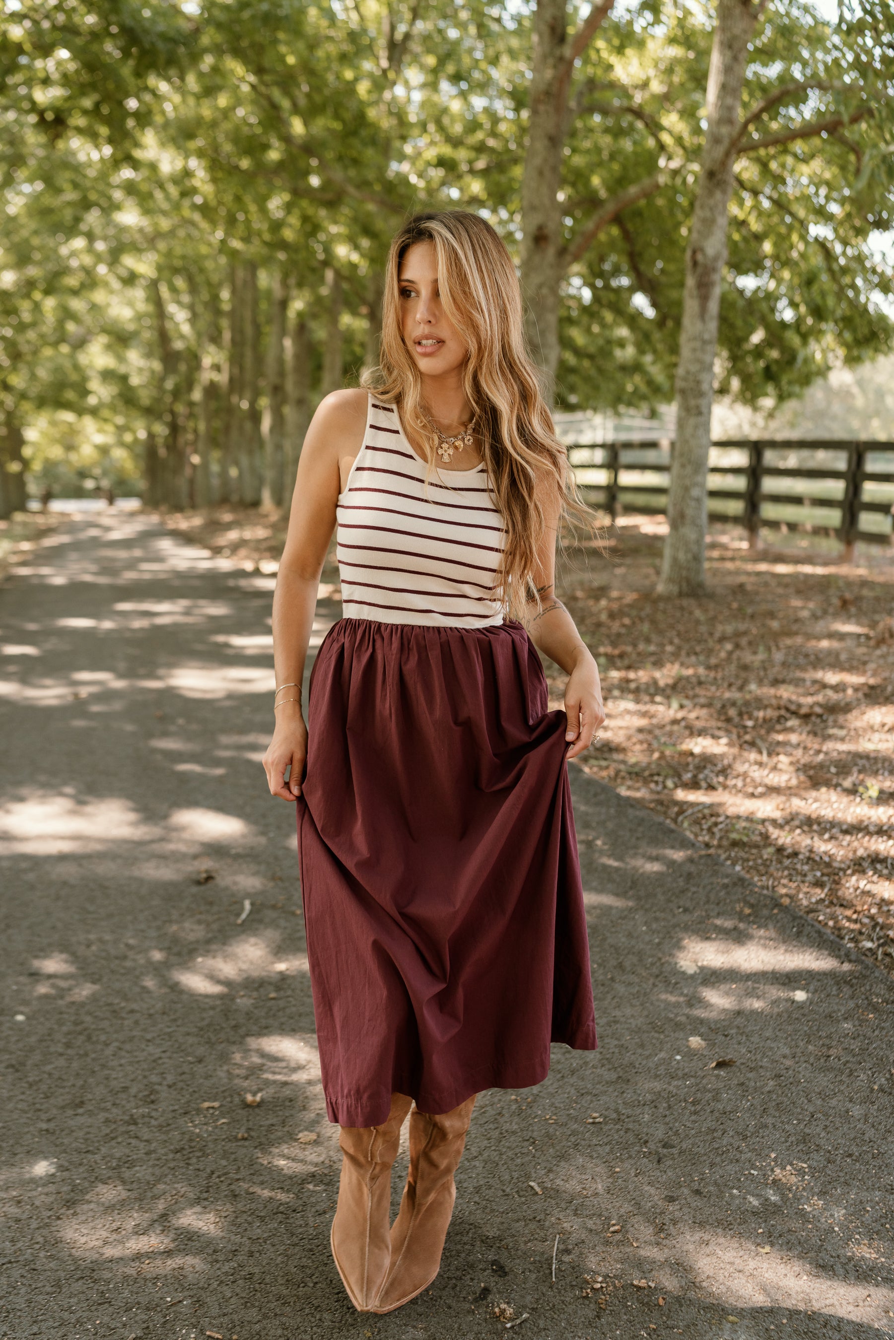 front view of Montana Cream & Wine Striped Midi Dress