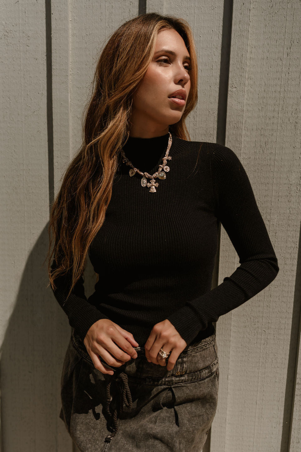 Shannon Black Ribbed Mock Neck Top - front view
