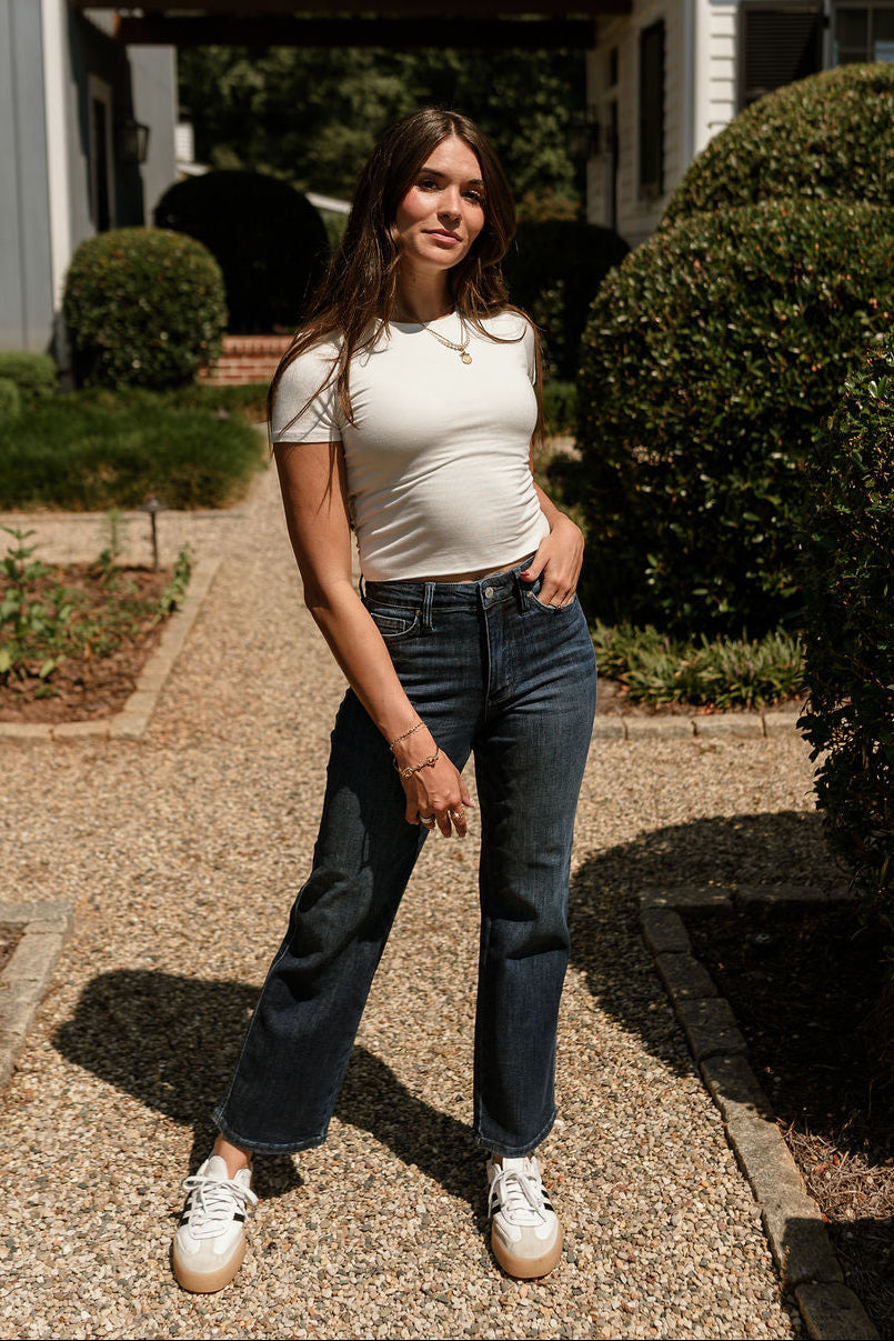 Judy Blue: Cara Petite Dark Wash Straight Leg Jeans - full front view