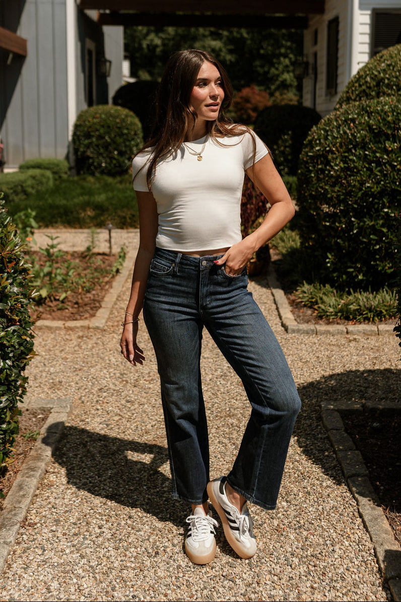 Judy Blue: Cara Petite Dark Wash Straight Leg Jeans - full body front view