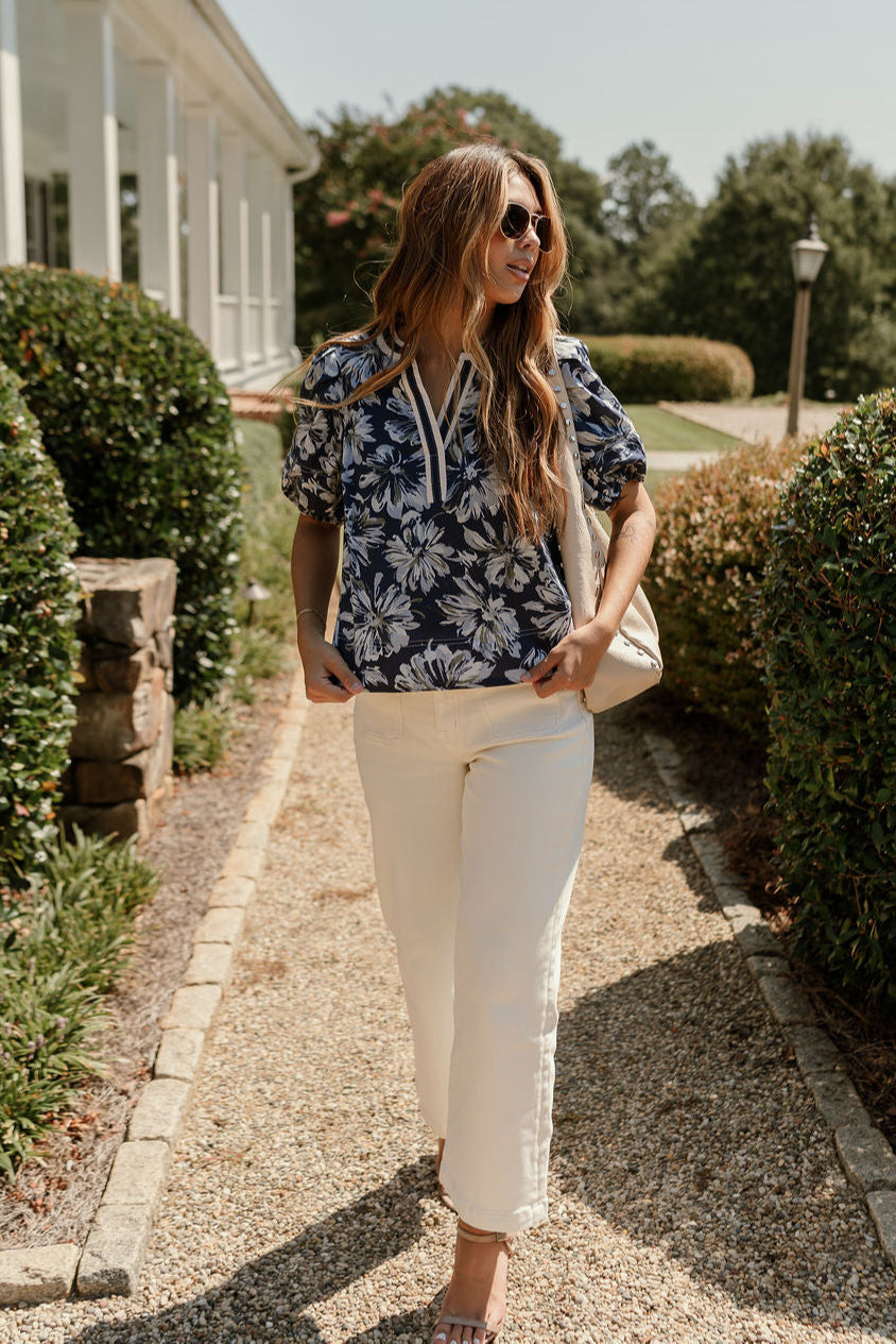 Laura Blue Multi Floral Short Sleeve Top - full body front view