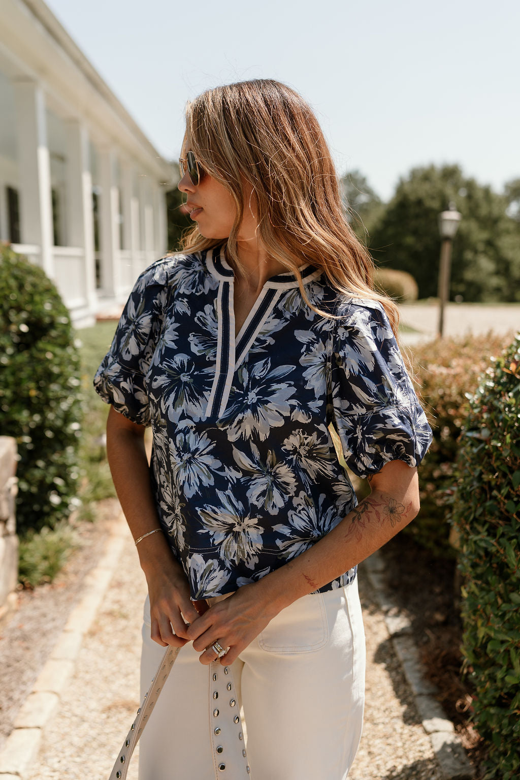 Laura Blue Multi Floral Short Sleeve Top - front view