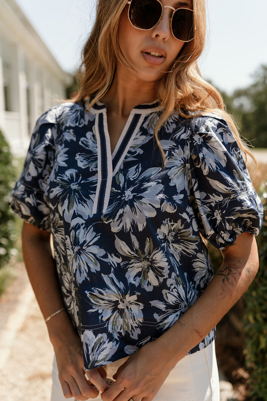 Laura Blue Multi Floral Short Sleeve Top - close up front view