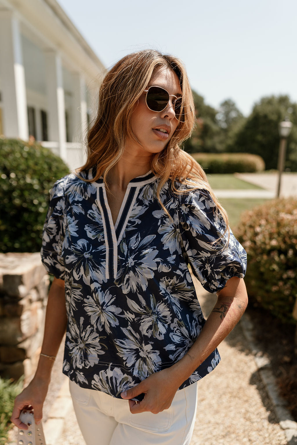 Laura Blue Multi Floral Short Sleeve Top - front 