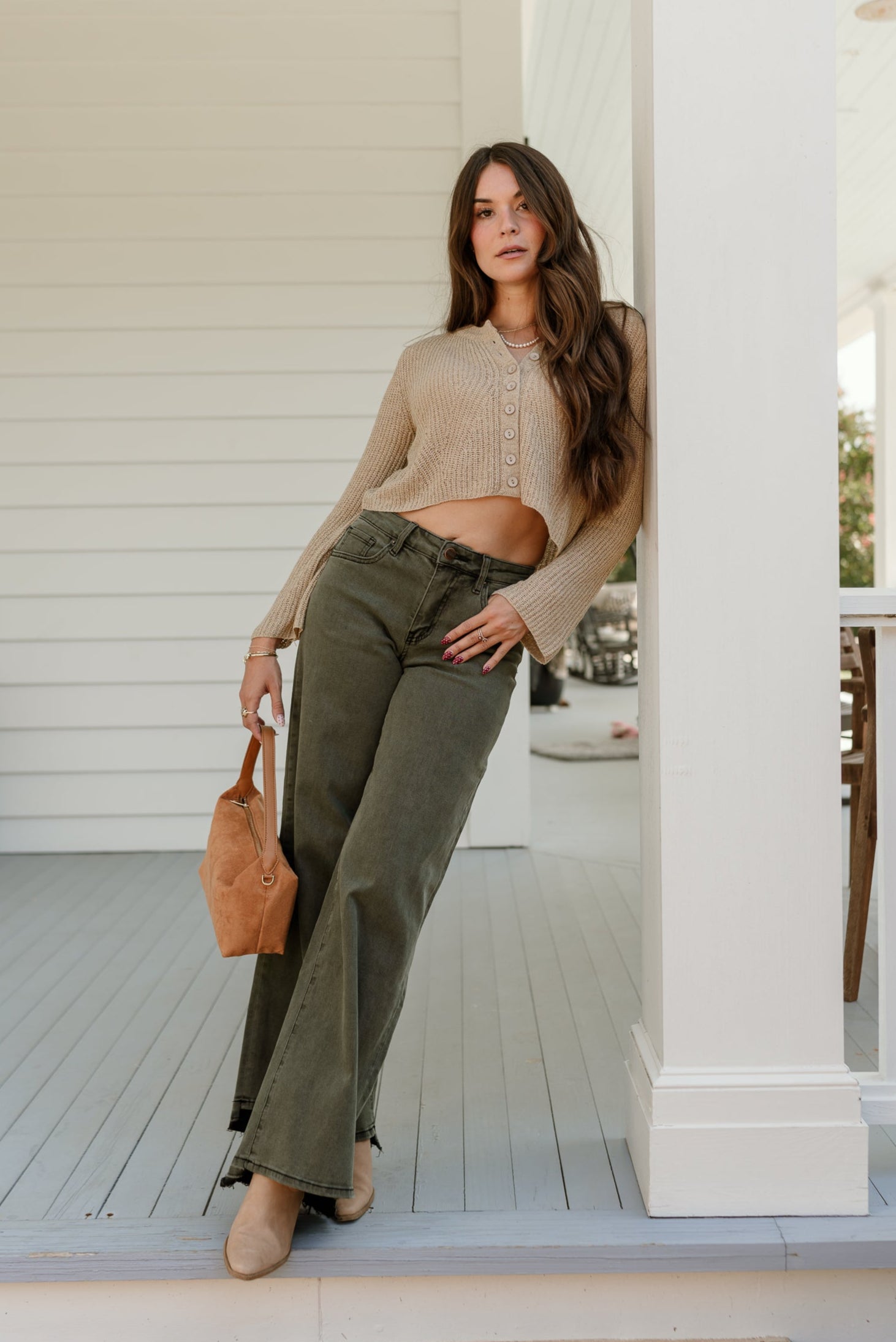 front full body view of the Harriet Olive & Black Wide Leg Jeans