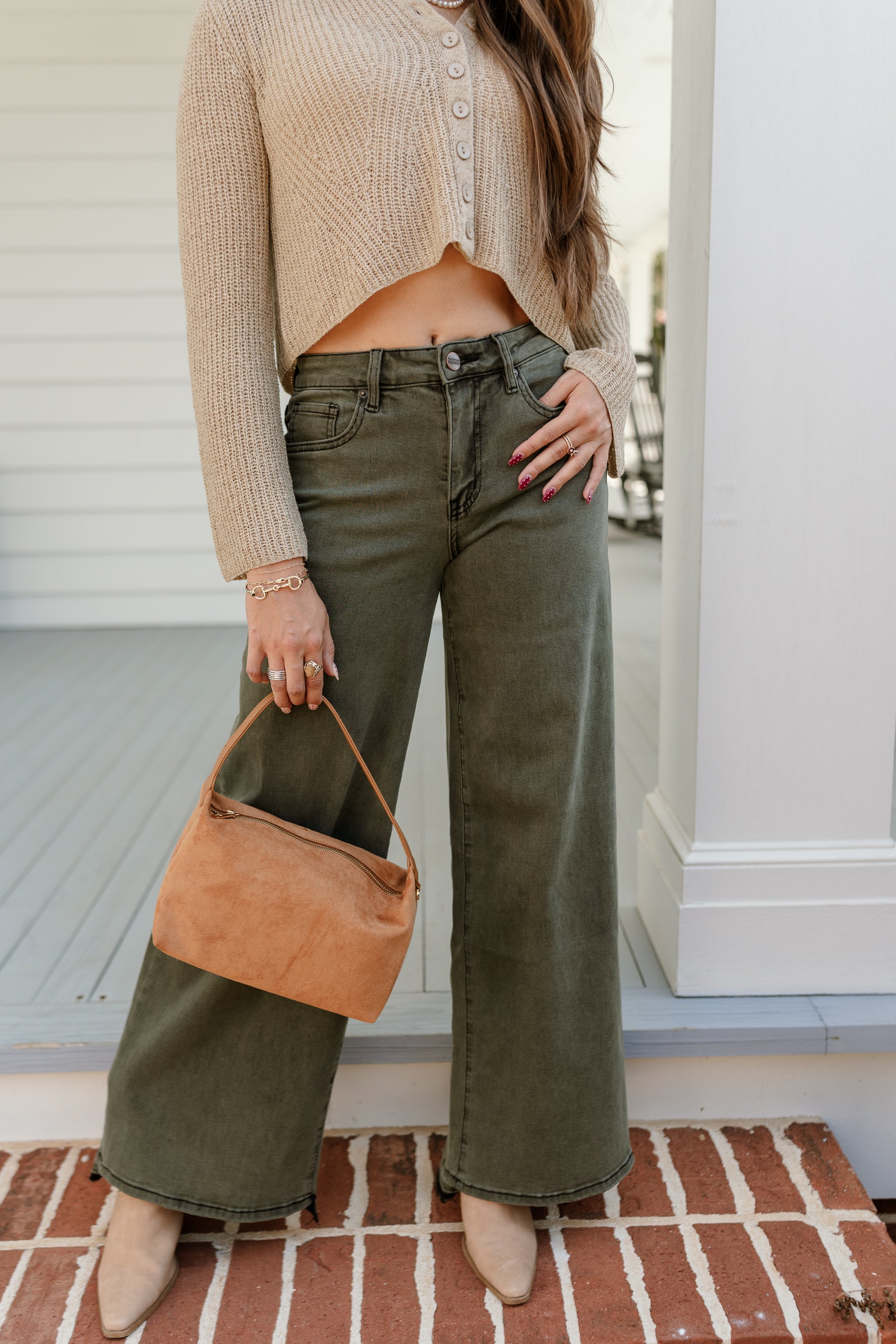 front view of the Harriet Olive & Black Wide Leg Jeans