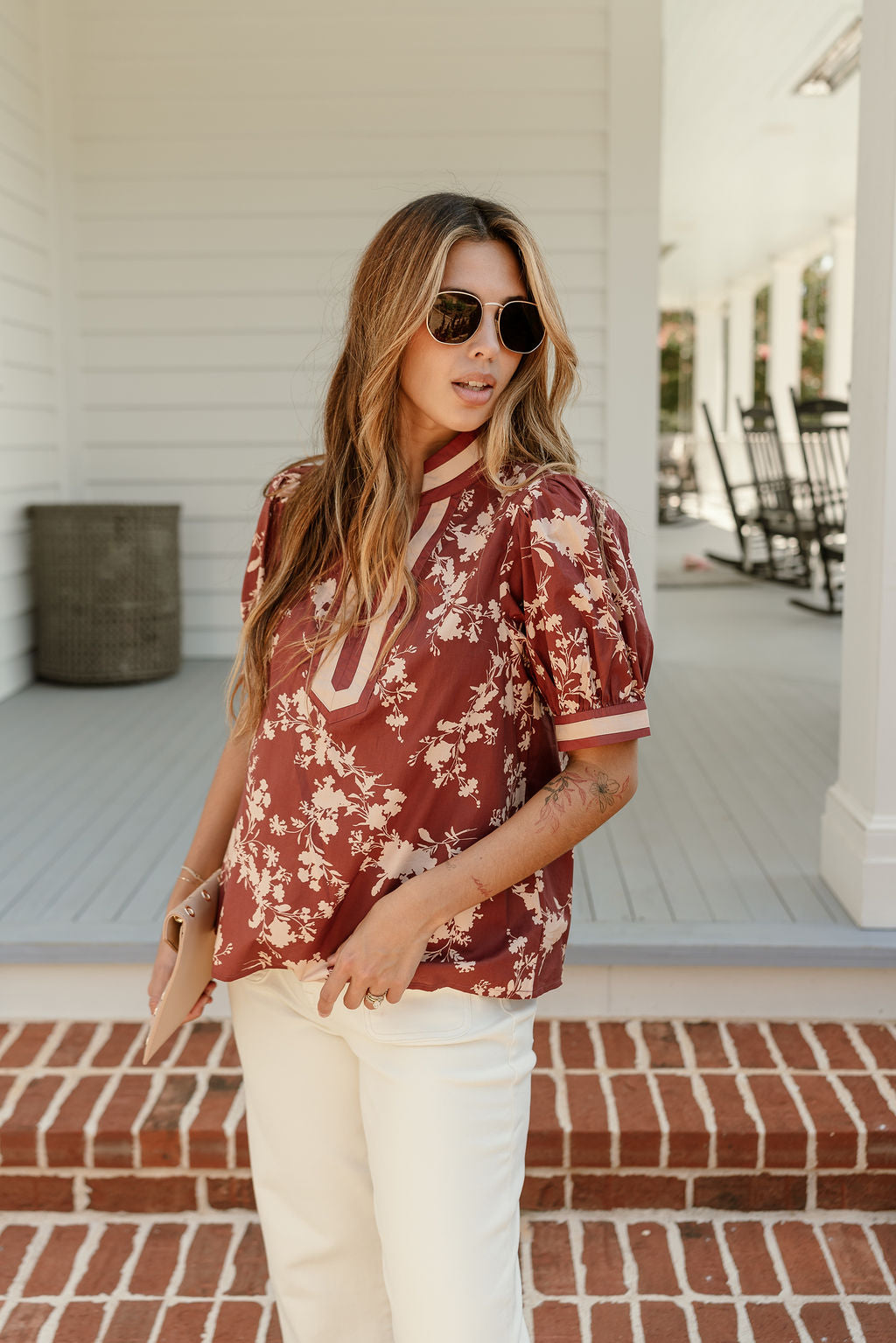 Penelope Brick & Beige Floral Top - frontal view
