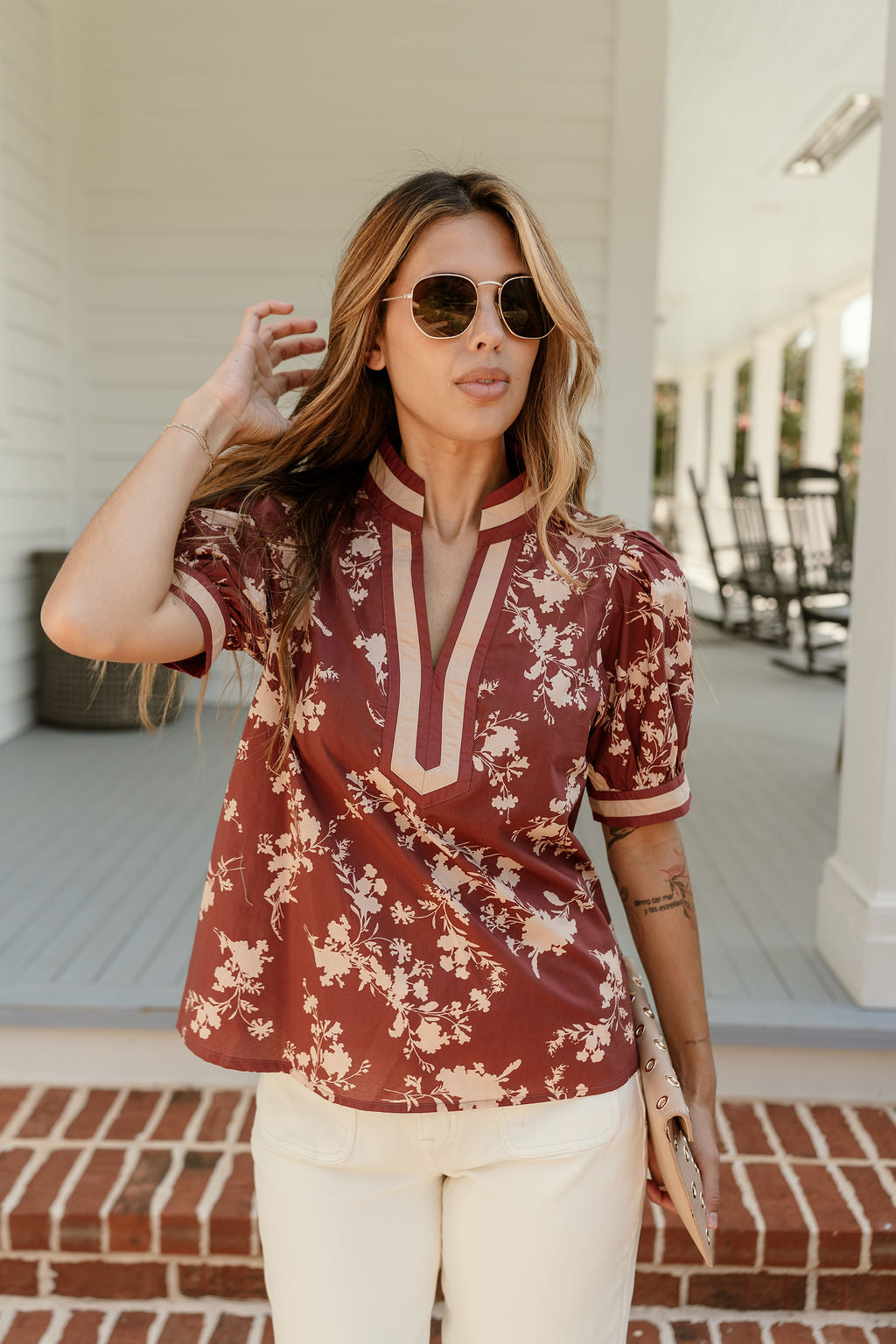 Penelope Brick & Beige Floral Top -front view