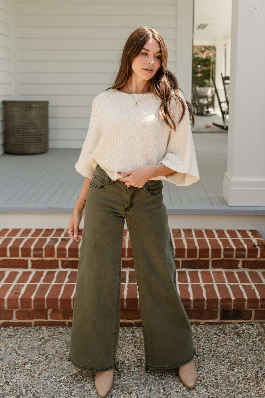 Luca Cream Short Sleeve Sweater - full body front view