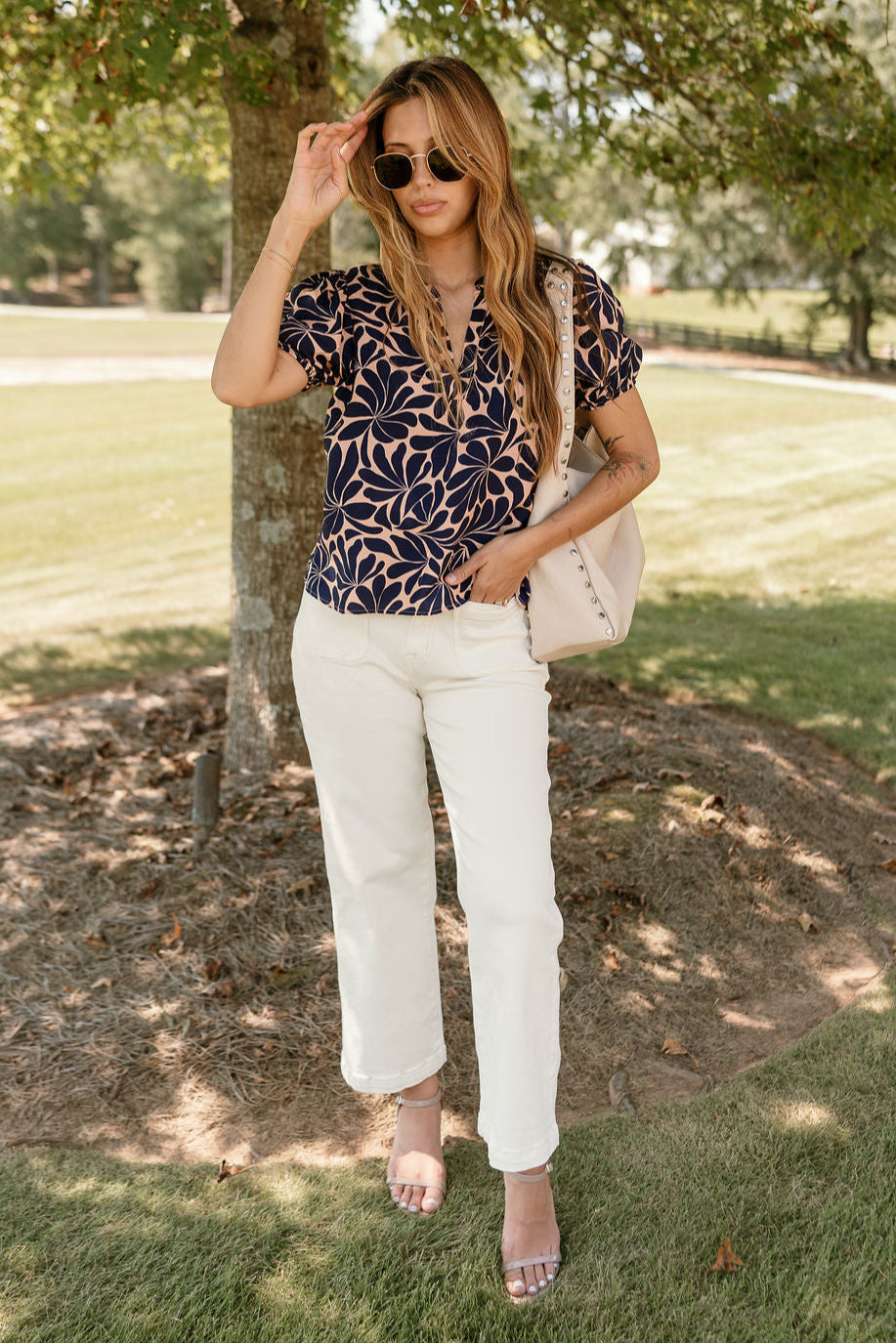 Sophia Navy & Clay Floral Top - full body front view