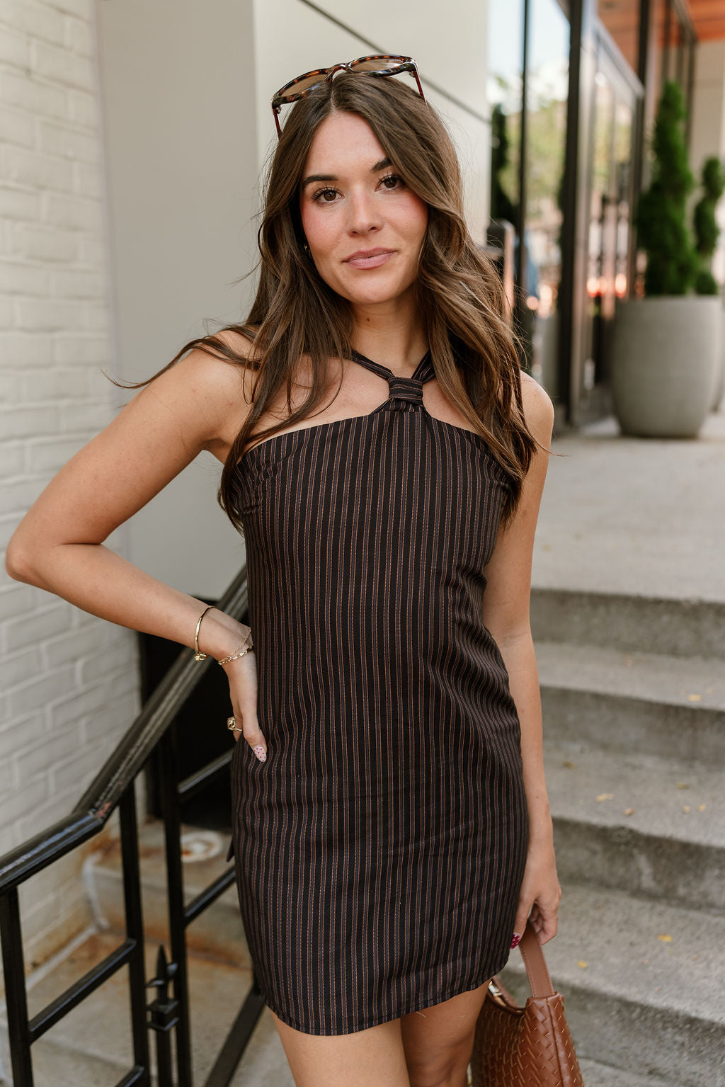 Patricia Black Striped Halter Mini Dress - front view