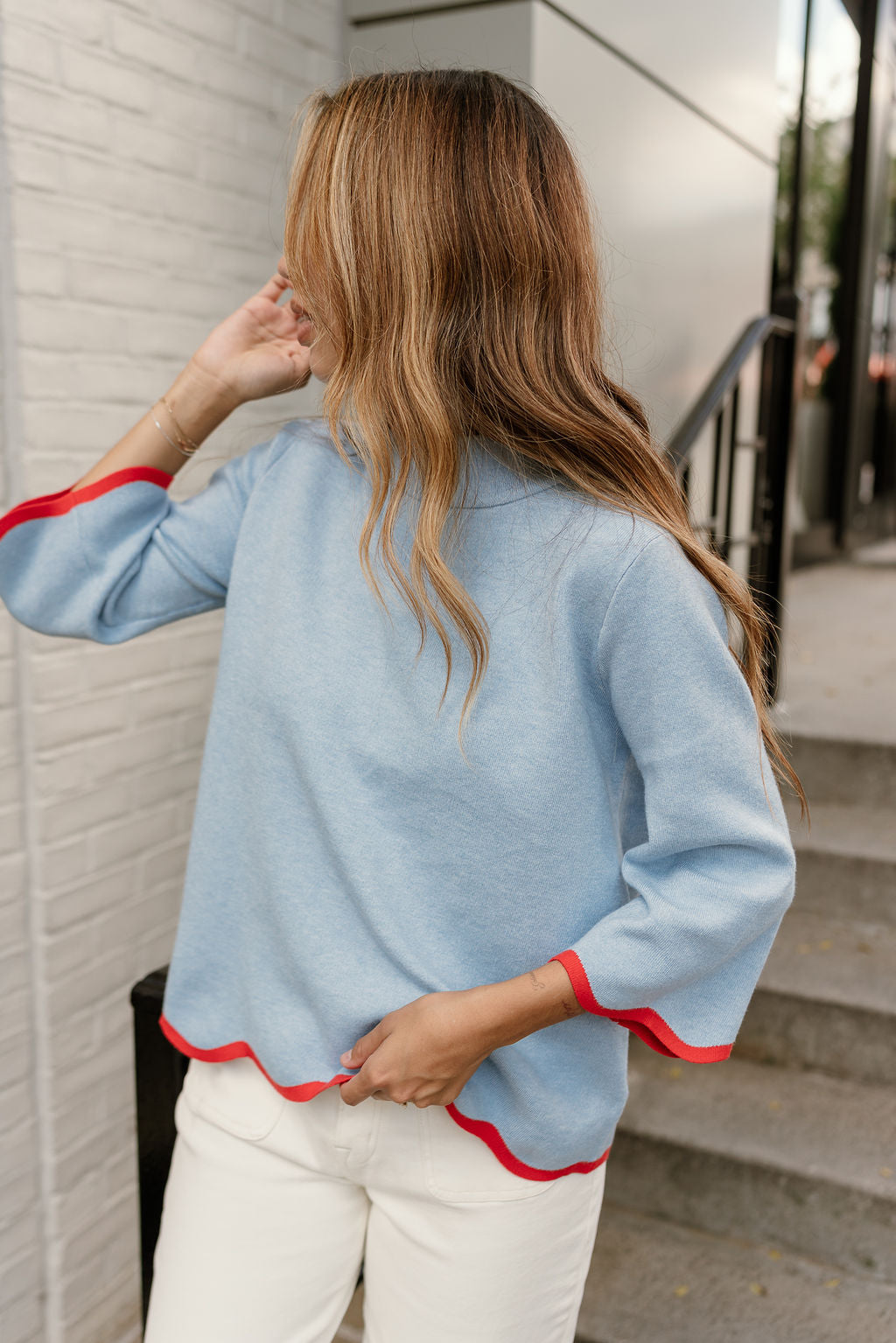 Rima Blue & Red Scallop Trim Sweater - front view
