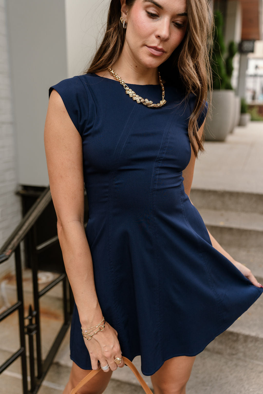Wren Navy Flare Sleeveless Mini Dress - close up front view