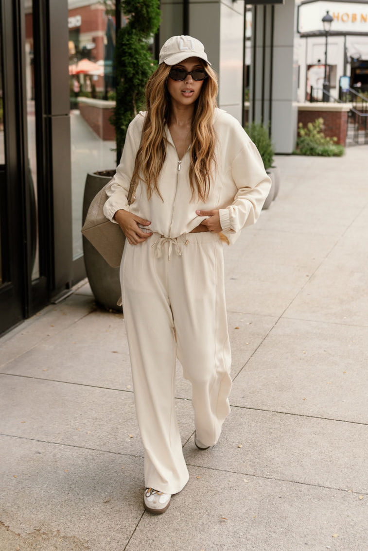 Gigi Cream Drawstring Wide Leg Pants - full front view