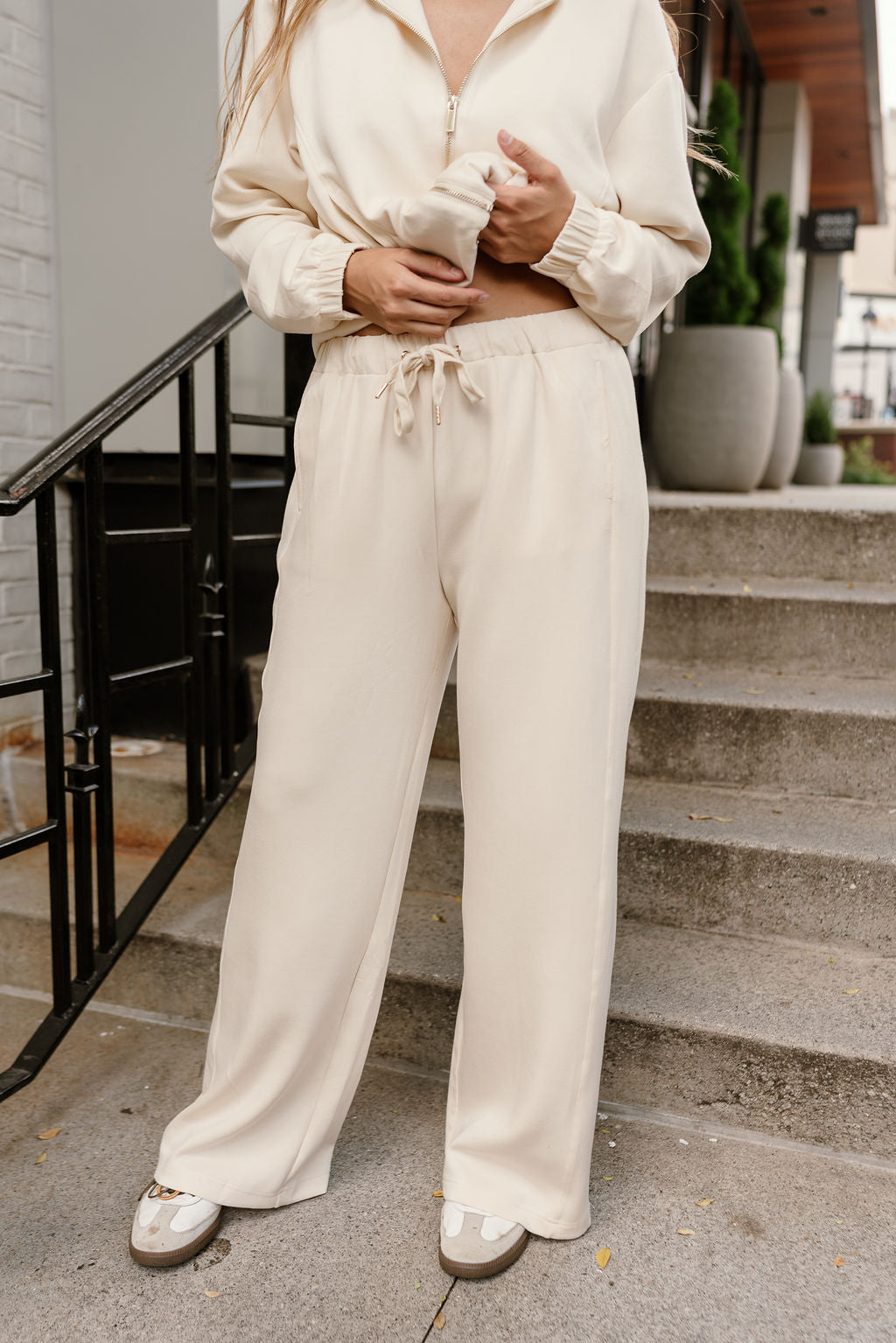 Gigi Cream Drawstring Wide Leg Pants - lower front view