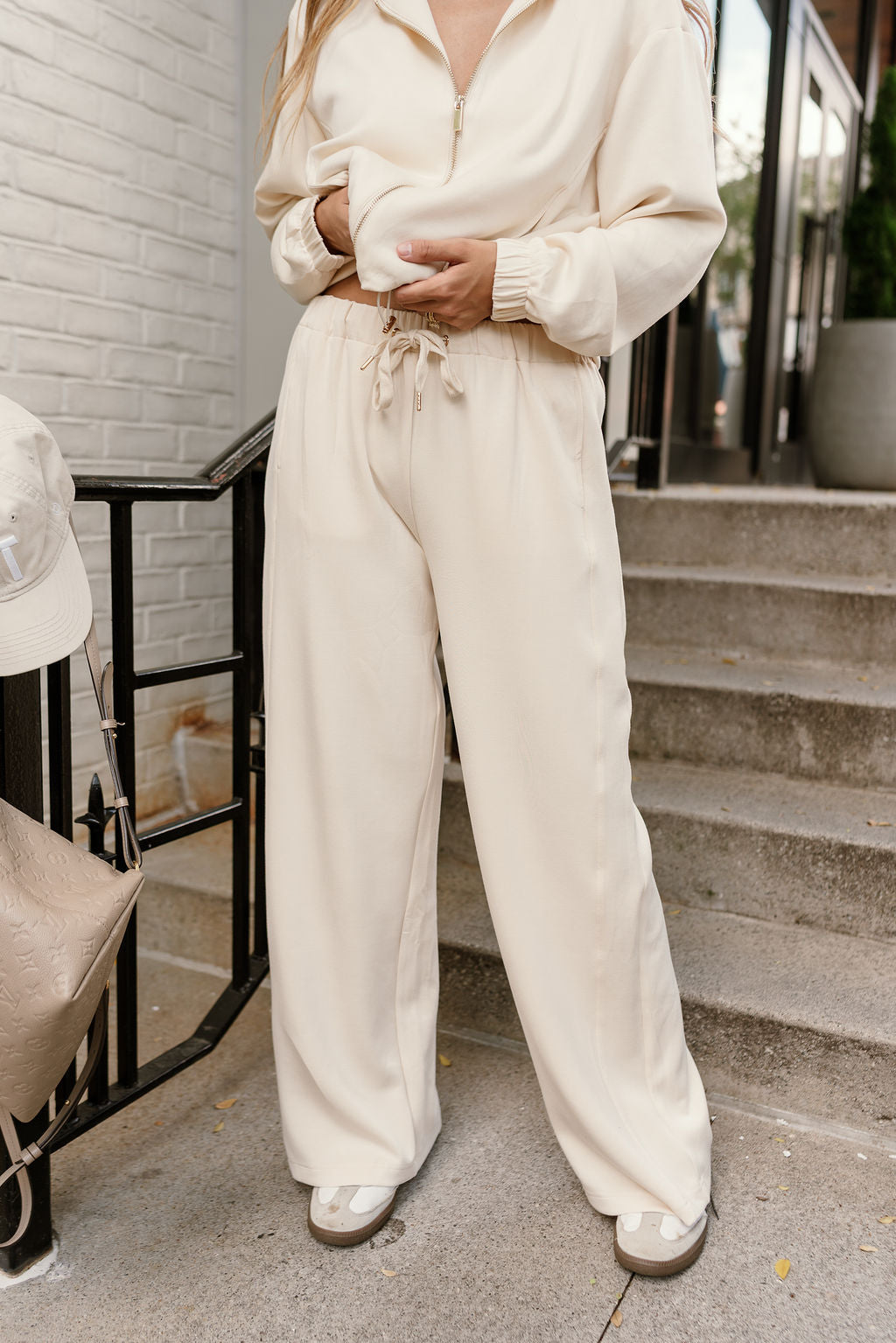 Gigi Cream Drawstring Wide Leg Pants - lower body front view