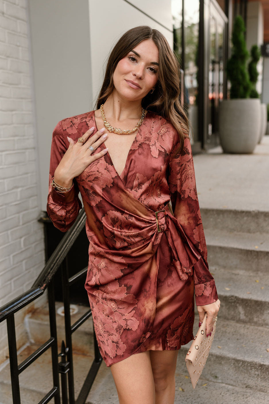 Marissa Rust Satin Floral Mini Dress - front view