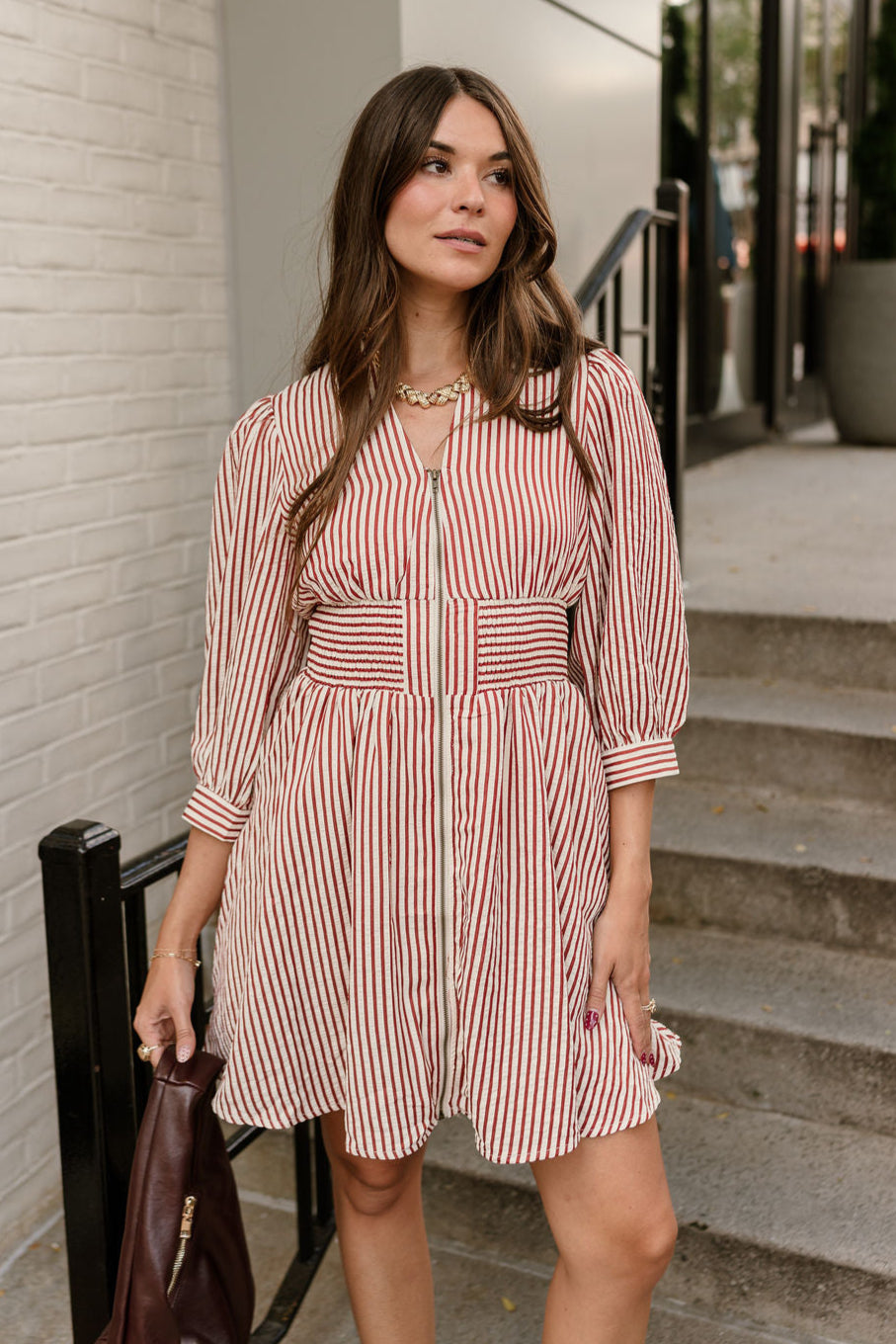 Sarah Ruse & Cream Striped Mini Dress - front 
