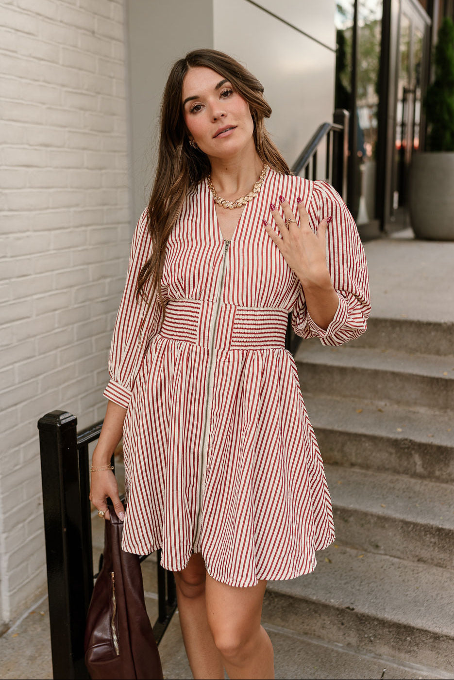 Sarah Ruse & Cream Striped Mini Dress - front view