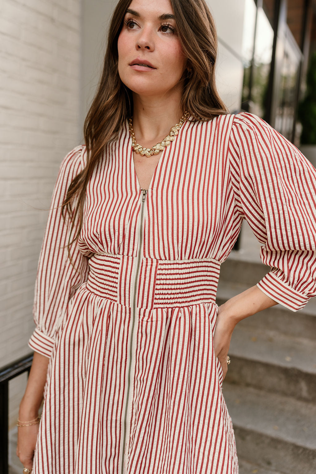 Sarah Ruse & Cream Striped Mini Dress - close up front view