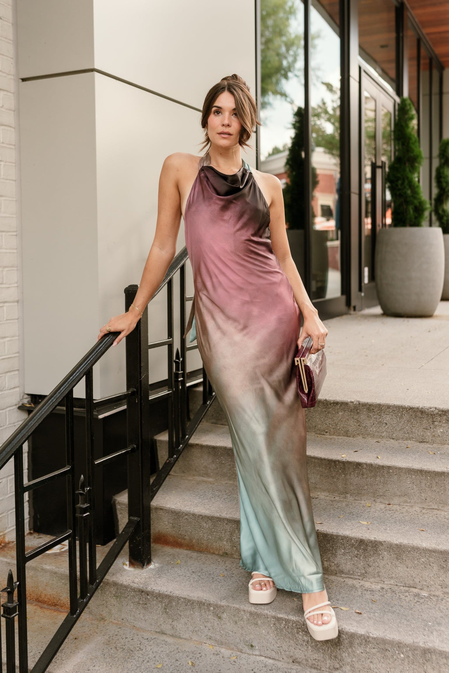 front full body view of the Rosemary Satin Halter Maxi Dress