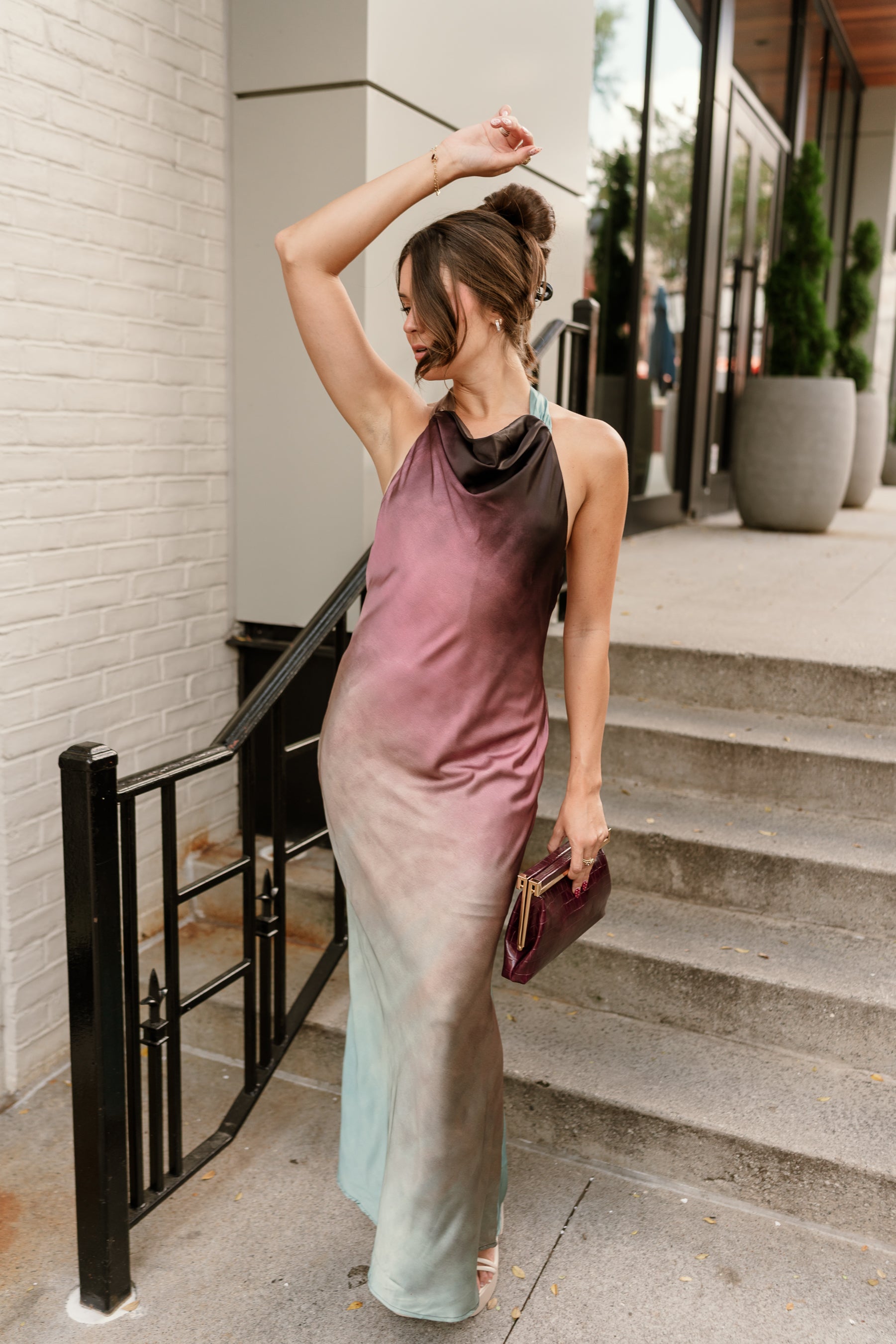 front full body view of the Rosemary Satin Halter Maxi Dress