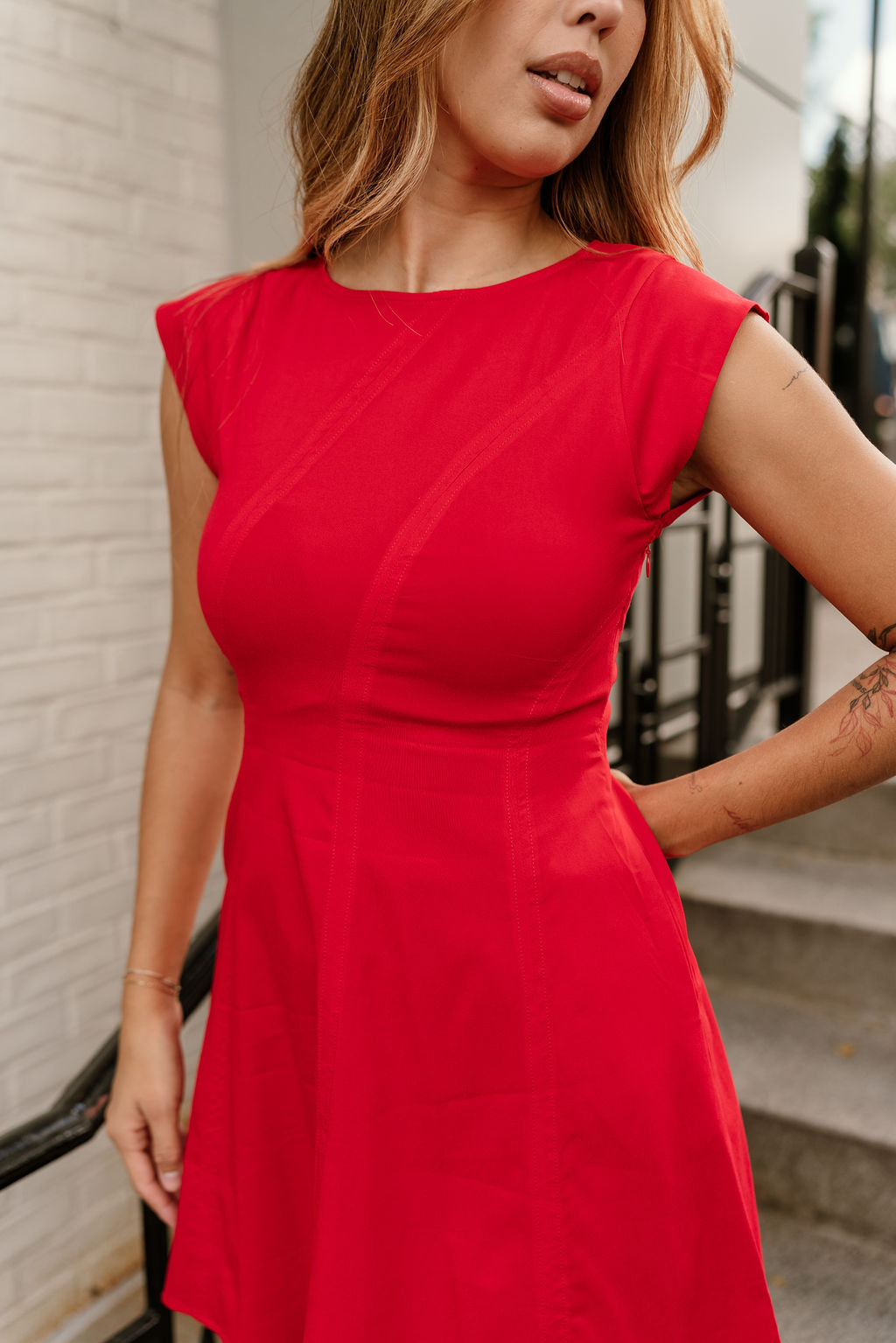 Wren Red Flare Sleeveless Mini Dress - close up front view