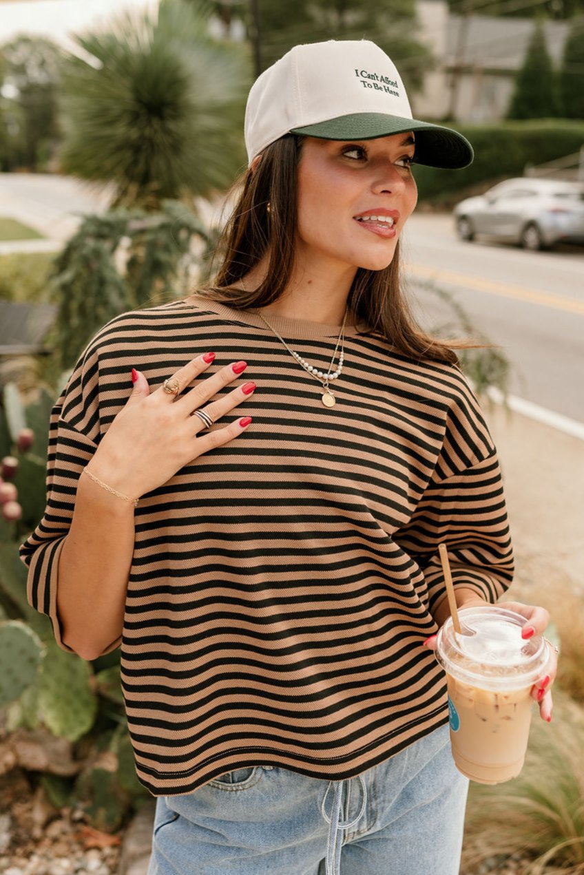 Journey Black & Mocha Short Sleeve Back Tie Top- front close up view