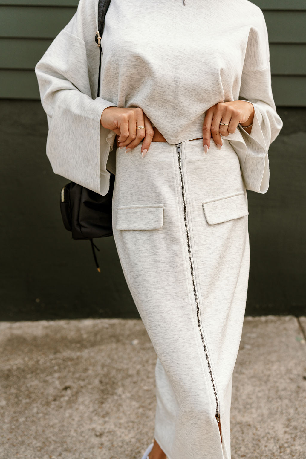 Sylvie Heather Grey Zip Up Midi Skirt-close up view