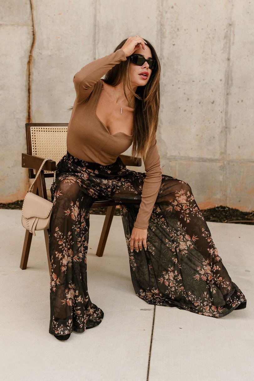 Alaiya Black & Rust Floral Flare Pants- full body view