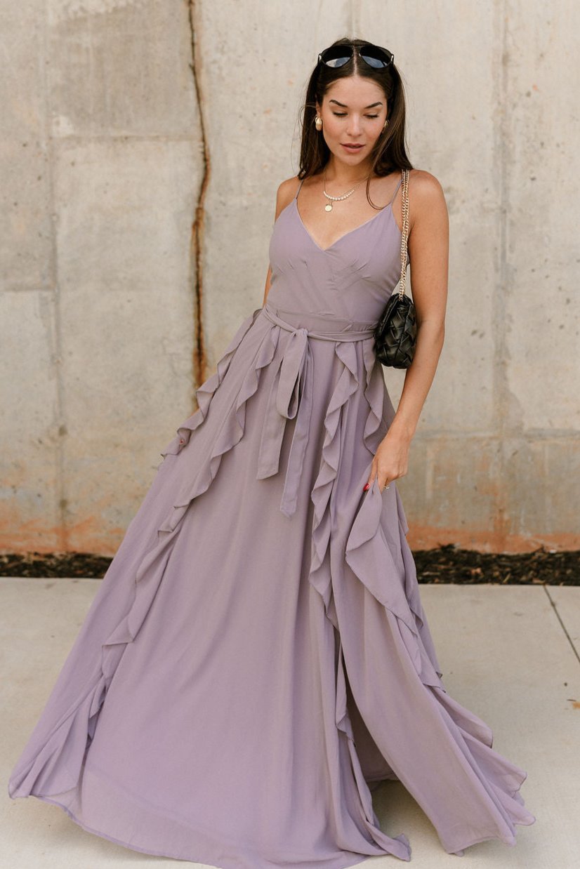 Eira Slate Purple Ruffle Maxi Dress- top full body view