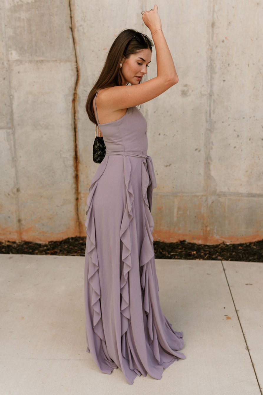 grey and purple maxi dress Berylove Women Grey Purple A Line Maxi Dress V Neck Embroidered Chiffon Wedding Party Guest Dress with Long Sleeves