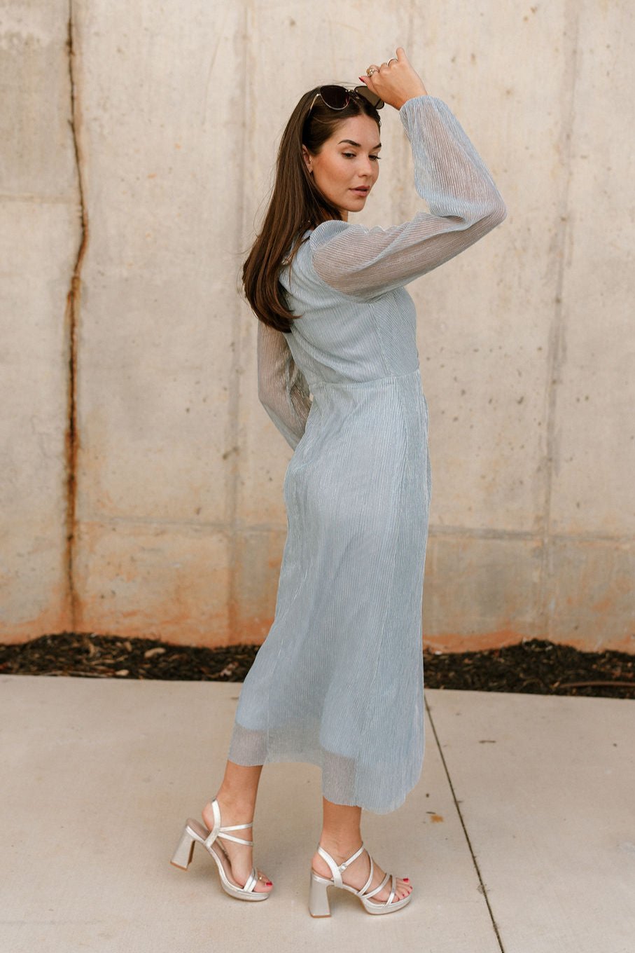 Natalia Light Blue Metallic Midi Dress- full body side view