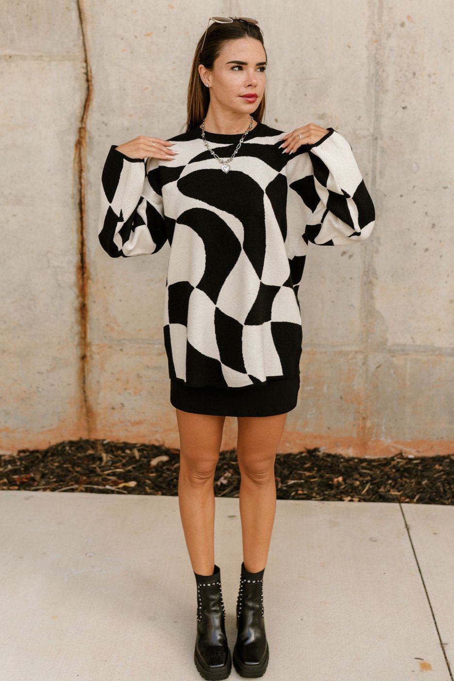 Emerson Black & Off White Geometric Sweater- full body view