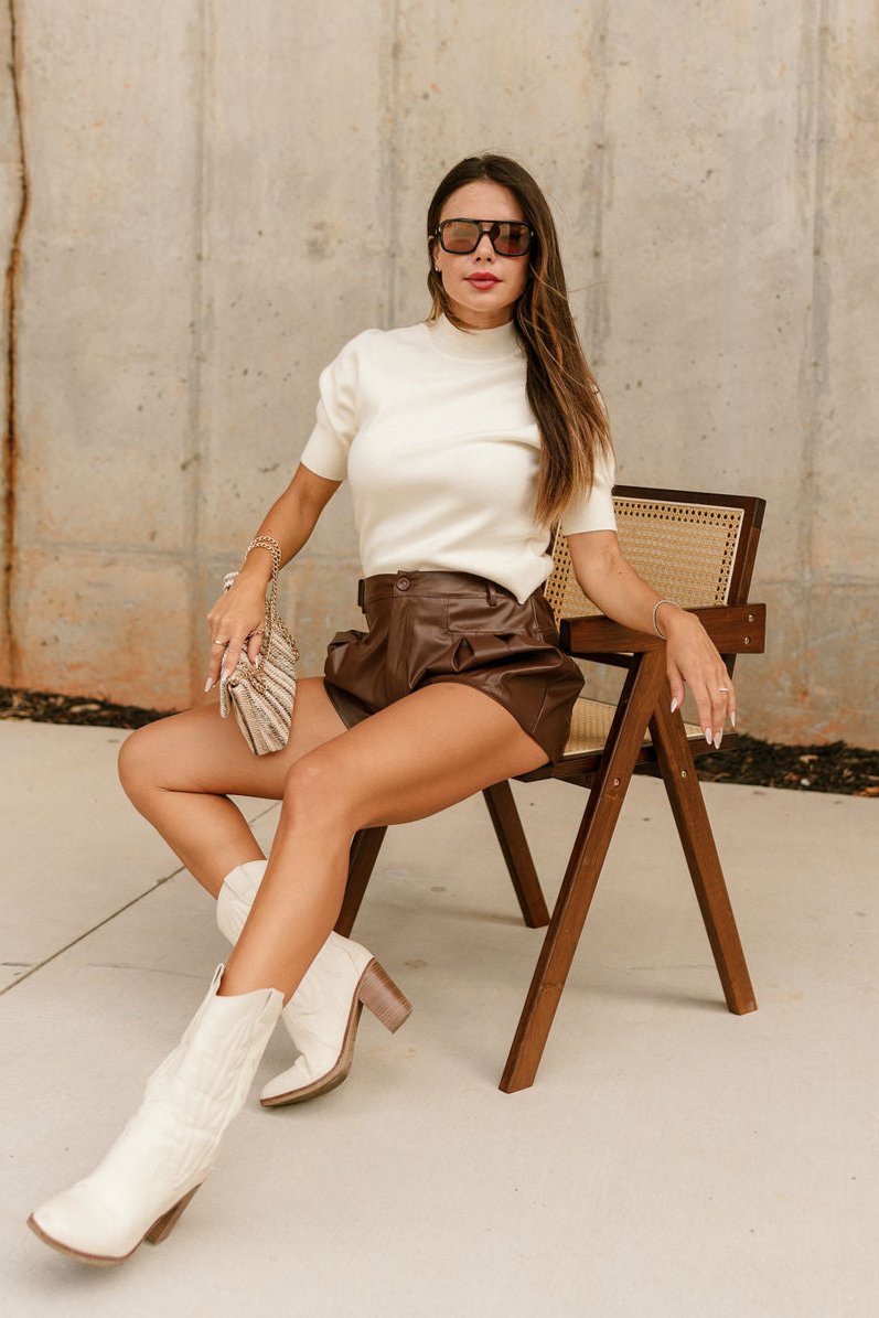 Khloe Brown Faux Leather Shorts- full body view