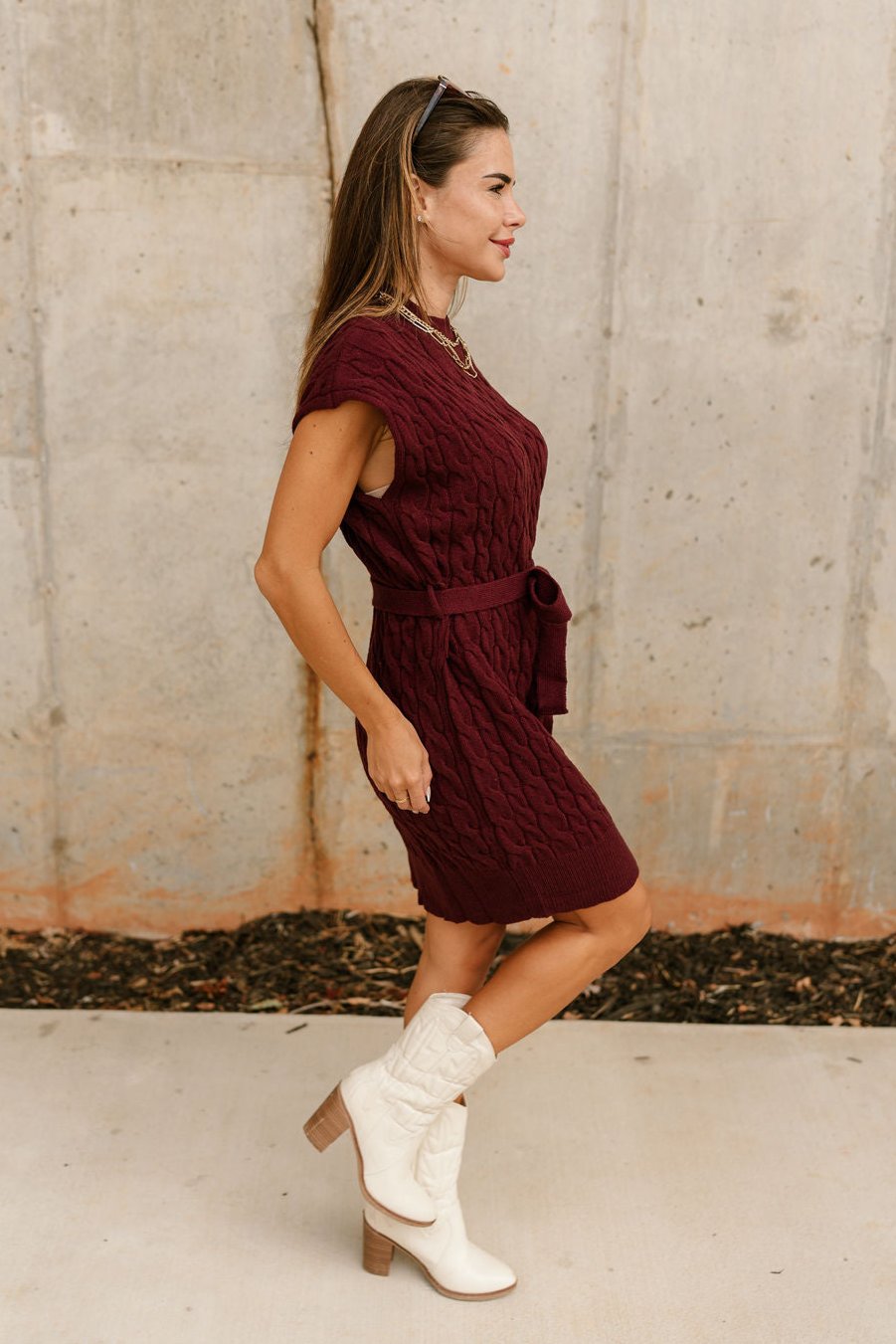 Adalyn Burgundy Tie Sweater Dress- full body side view