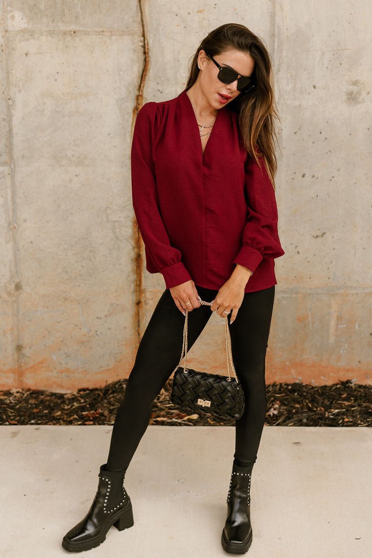 Norah Burgundy Long Sleeve Top- full body view