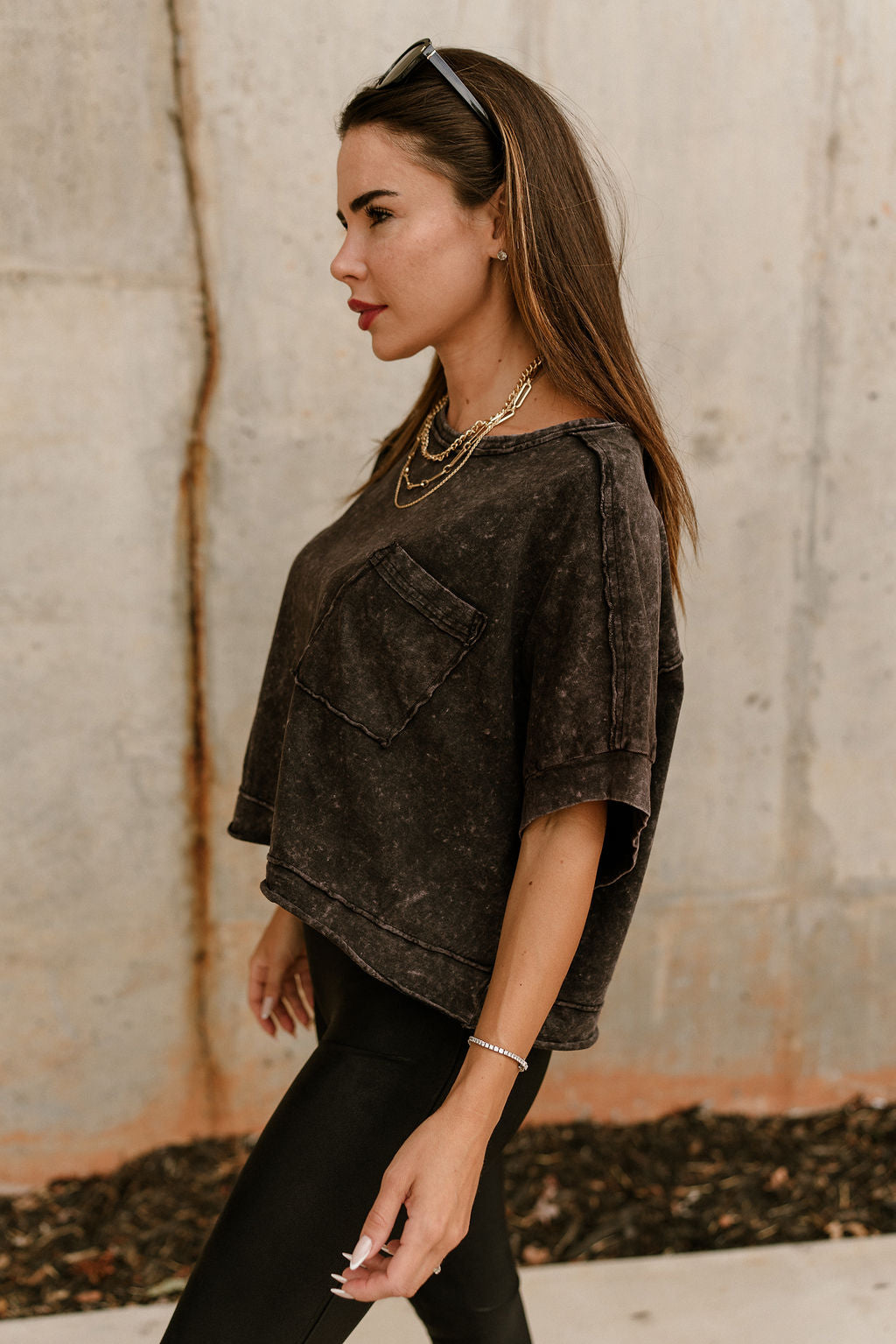 Kamila Washed Short Sleeve Top-black-side view