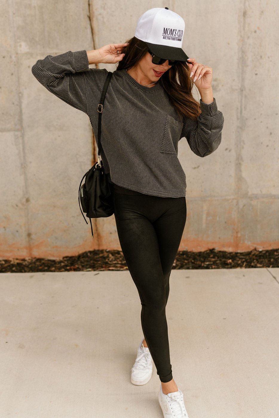 Esme Charcoal Grey Ribbed Long Sleeve Top- full body view