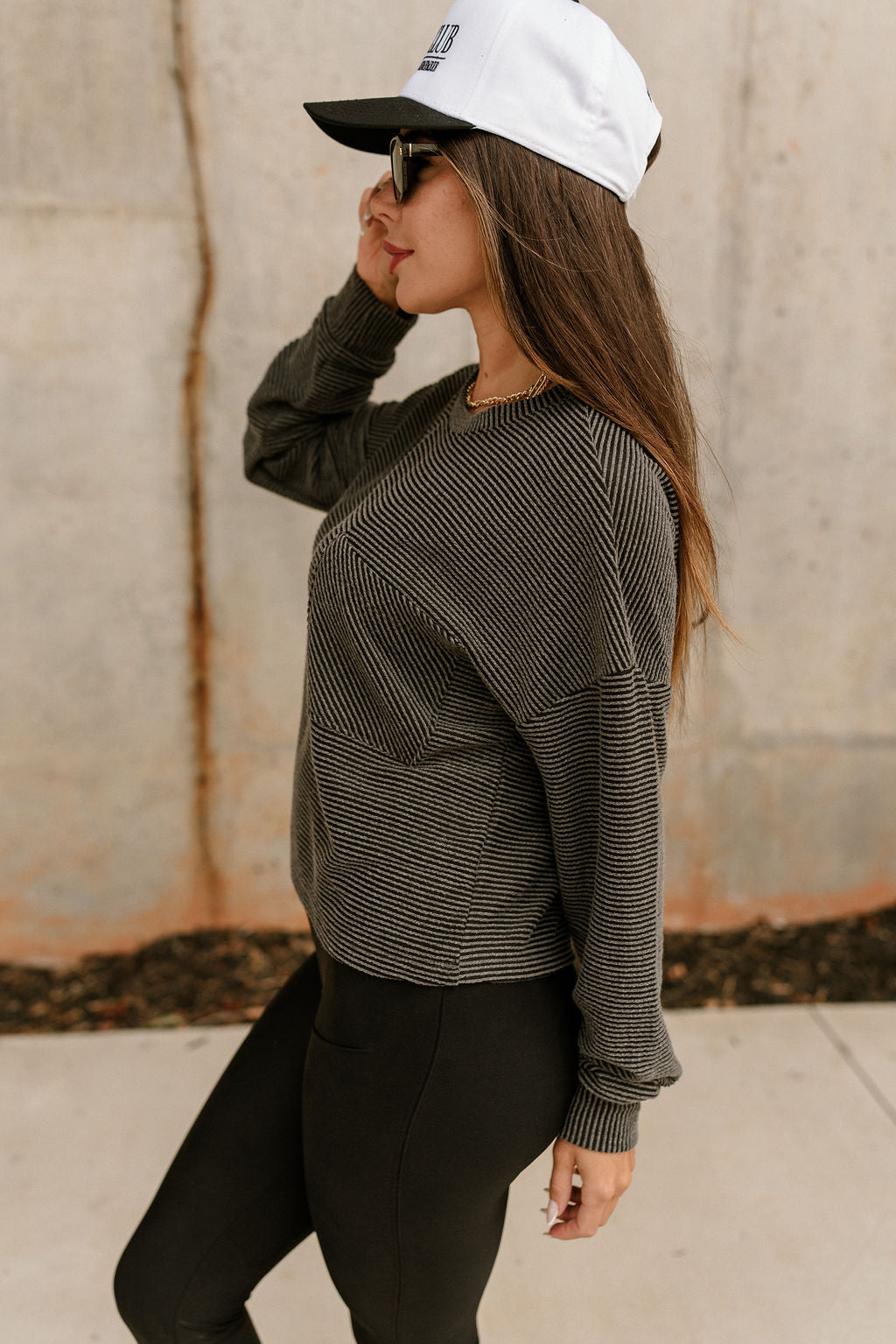 Esme Charcoal Grey Ribbed Long Sleeve Top- side view