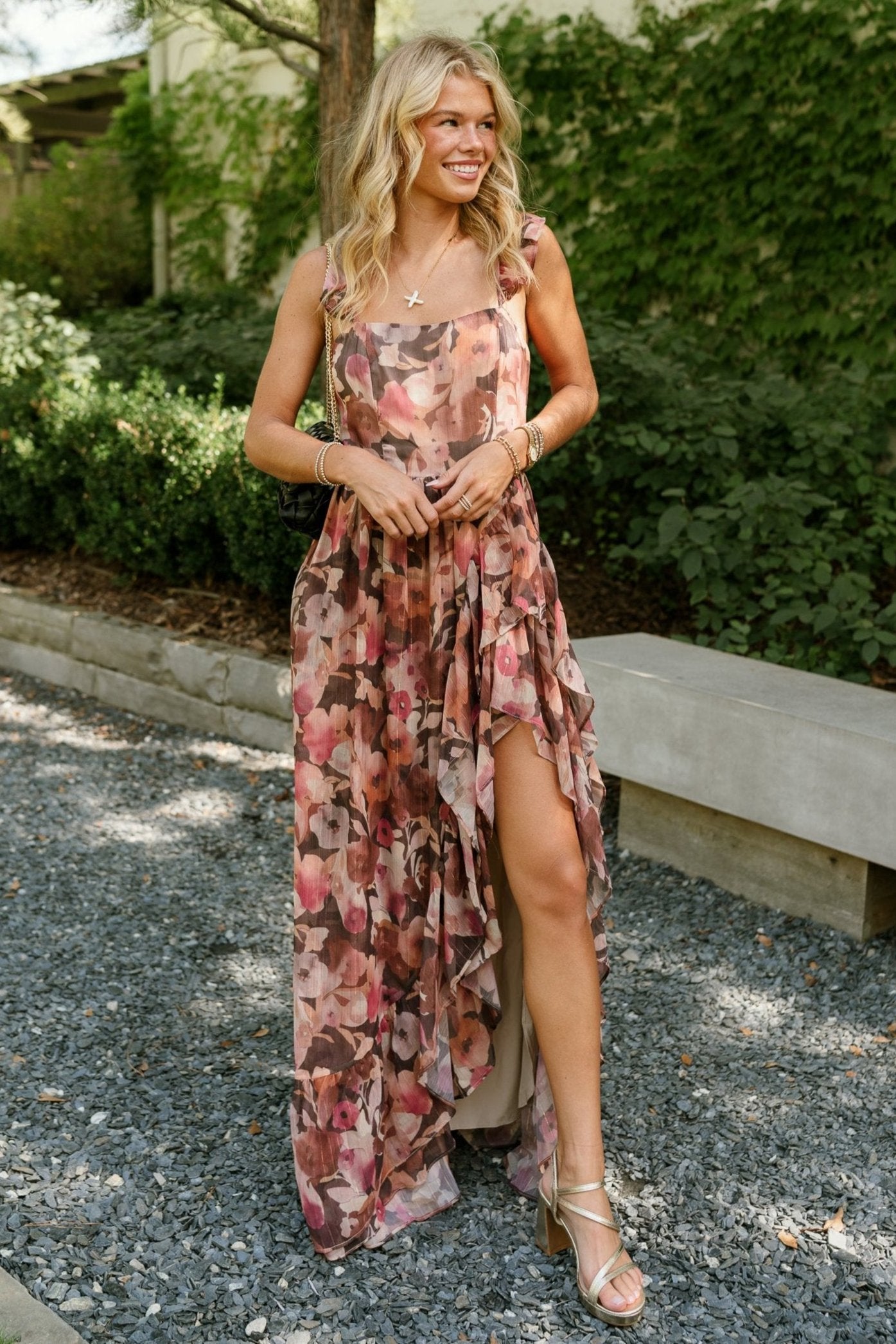  Daphne Brown & Pink Floral Ruffle Maxi Dress - full body fornt view