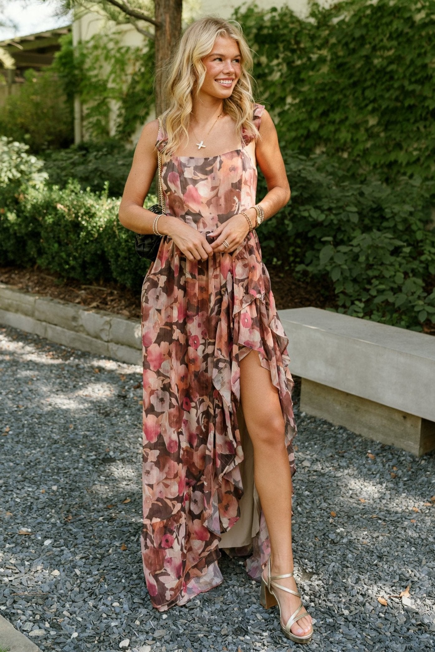Daphne Brown Pink Floral Ruffle Maxi Dress Lizard Thicket