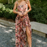  Daphne Brown & Pink Floral Ruffle Maxi Dress - full body fornt view