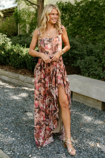 Daphne Brown & Pink Floral Ruffle Maxi Dress - Lizard Thicket Daphne Brown & Pink Floral Ruffle Maxi Dress - Lizard Thicket